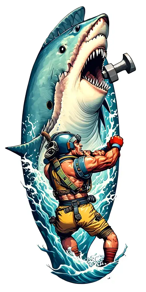 deep sea diver boxer throwing a punch at a hammer head shark tattoo design idea