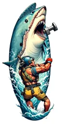 deep sea diver boxer throwing a punch at a hammer head shark tattoo design idea