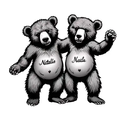 "Two Grateful Dead dancing bears in blackwork style, one with the name Natalie on its belly and the other with the name  tattoo design idea