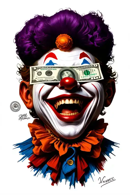Clown smiling with a hundred dollars over his eyes, blocking his vision tattoo design idea