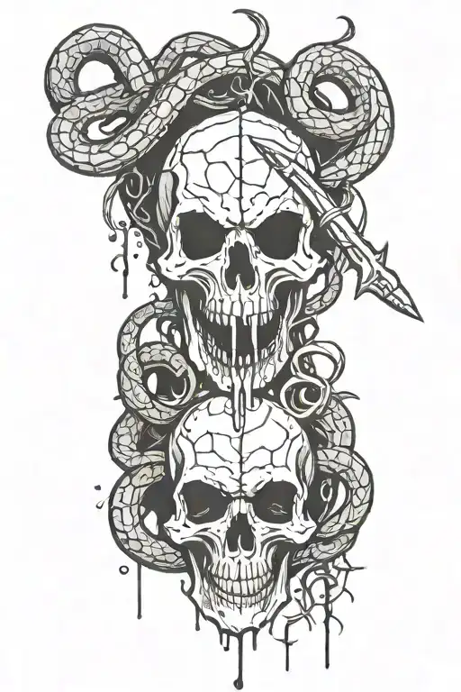spider and snake fighting  on  decay skull with impale dagger dripping blood tattoo design idea