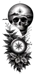 nature, sunset, compass, skull tattoo design idea