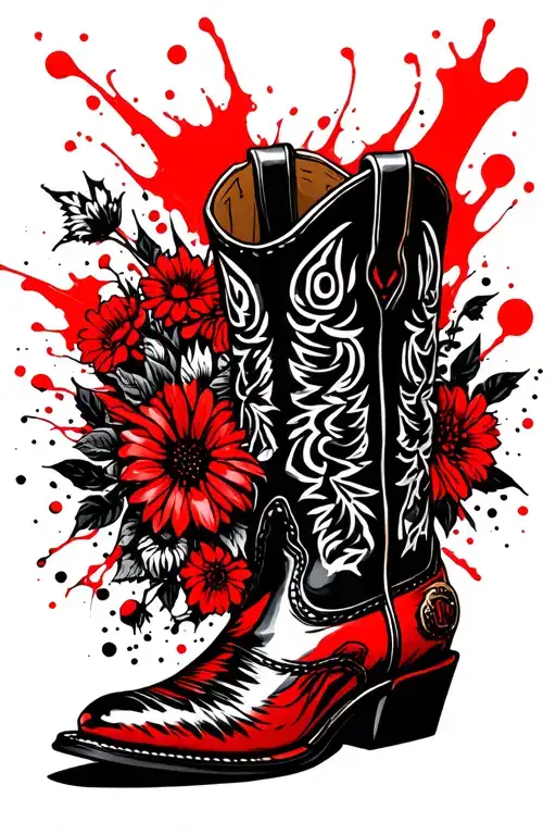 A detailed blackwork design of a cowboy boot with spurs, filled with various farm animals and flowers tattoo design idea