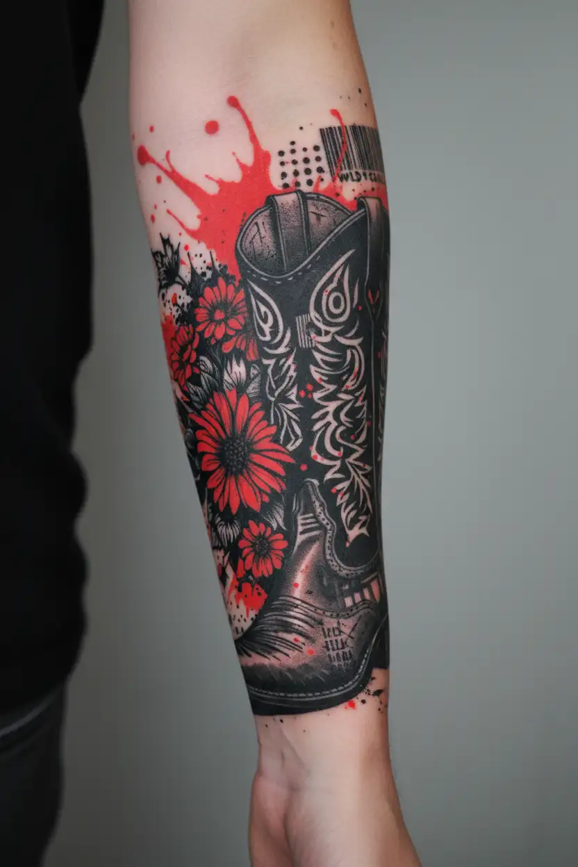 A detailed blackwork design of a cowboy boot with spurs, filled with various farm animals and flowers tattoo design idea
