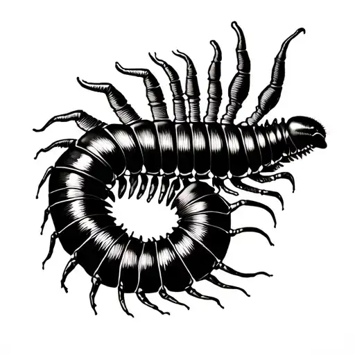 Minimalism, maybe a bit Japanese, centipede, no shadows, sharp contours (straight or slightly curved) tattoo design idea