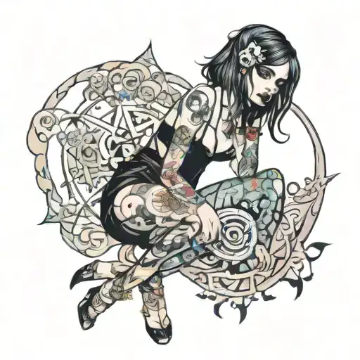 Darkly Alluring Full Nude Goth Girl covered in anime stickers Rocking Out tattoo design idea