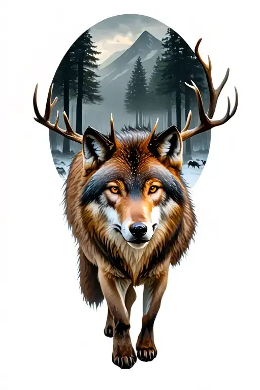 Gloomy forest with small hills, a big wolf in front, on the left sie a deer and on the right site tattoo design idea