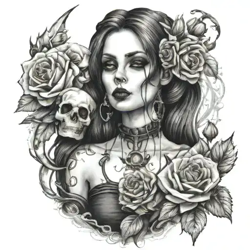 beautiful goth girl in medieval style with horn skull with roses with beautiful Gothic scenery  tattoo design idea