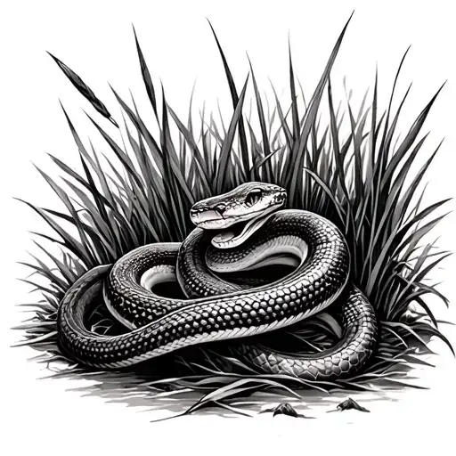 Tattoo design, black and grey realism, a snake partially hidden in tall grass, side calf placement. The snake’s body flo tattoo design idea