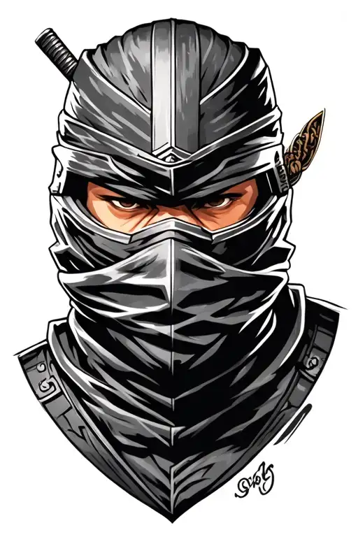 A highly detailed, black and gray tattoo design of a masked ninja warrior, positioned vertically to fit the outer forear tattoo design idea