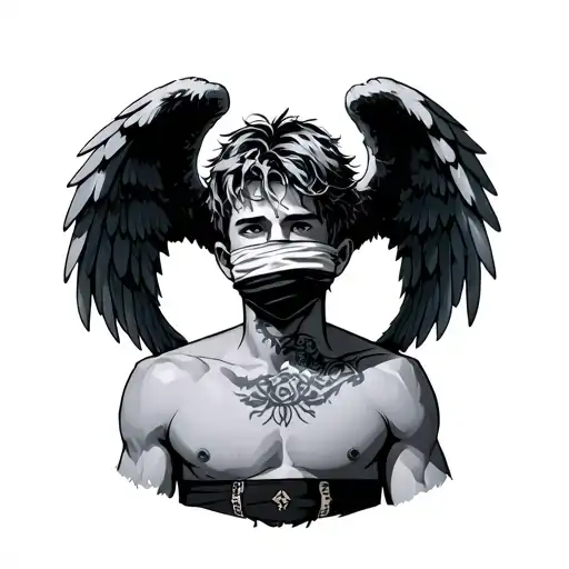 twink in a jockstrap with angel wings covering his face extra small tattoo minimalist  tattoo design idea