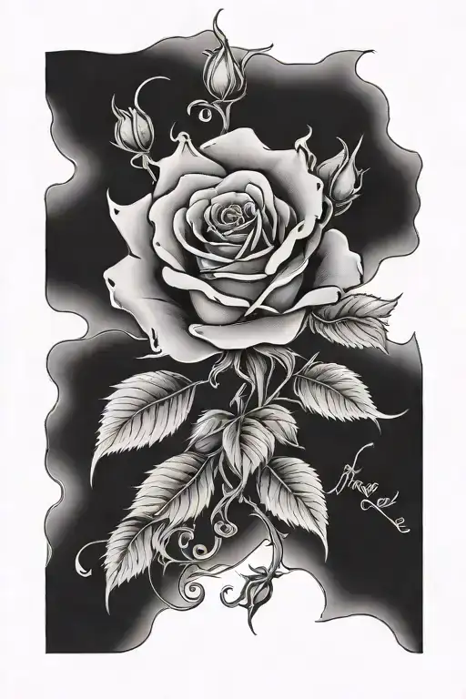 a rose with (nicole) in the middle of it leading down to a writen bible verse (roman's 8:11) tattoo design idea
