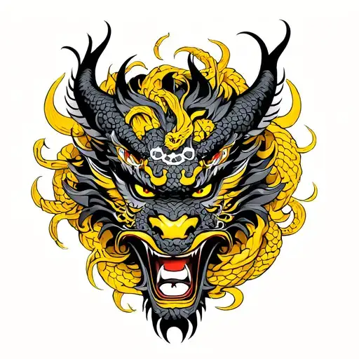 tattoo on the whole back of the yakuza mask Hannya Demon Dragon snake mak color yellow black black tattoo design idea