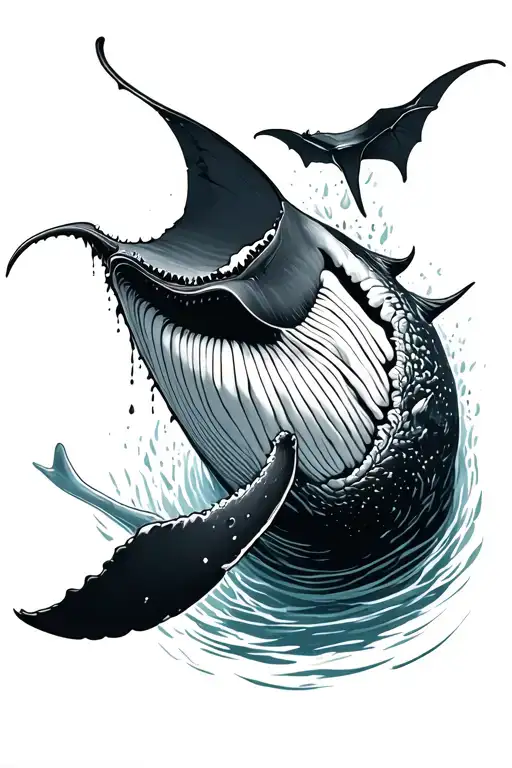 decaying whale with manta ray swimming tattoo design idea