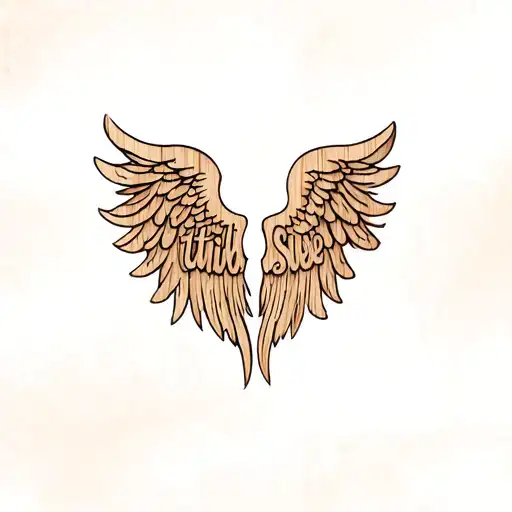 wooden  Faith words, two angel wings, tattoo design idea