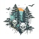 pine trees with skull shape in negative space surrounded by wolves  tattoo design idea