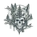 pine trees with skull shape in negative space surrounded by wolves  tattoo design idea