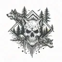 pine trees with skull shape in negative space surrounded by wolves  tattoo design idea