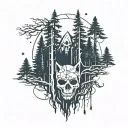 pine trees with skull shape in negative space surrounded by wolves  tattoo design idea