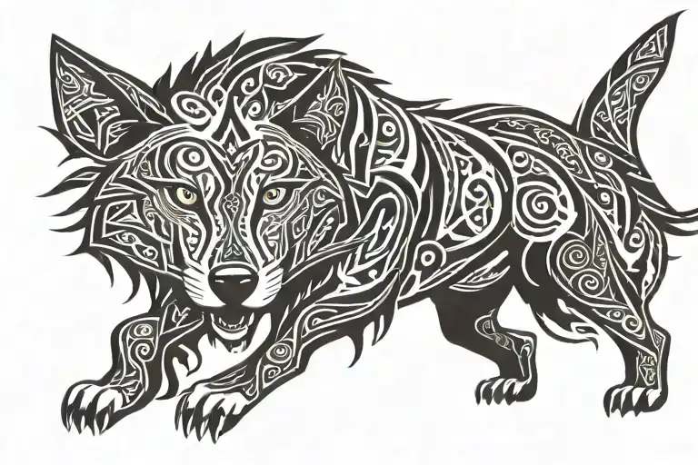 Central Wolf: The main character is a powerful wolf with intense eyes and an alert stance. His appearance must be tile tattoo design idea