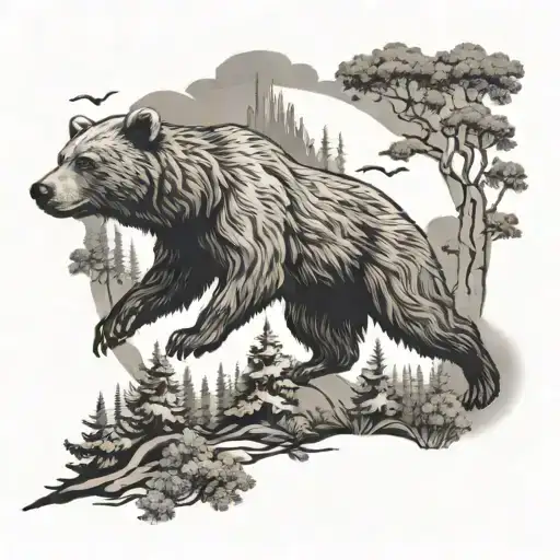 bear and hawk flying over path in a forest tattoo design idea