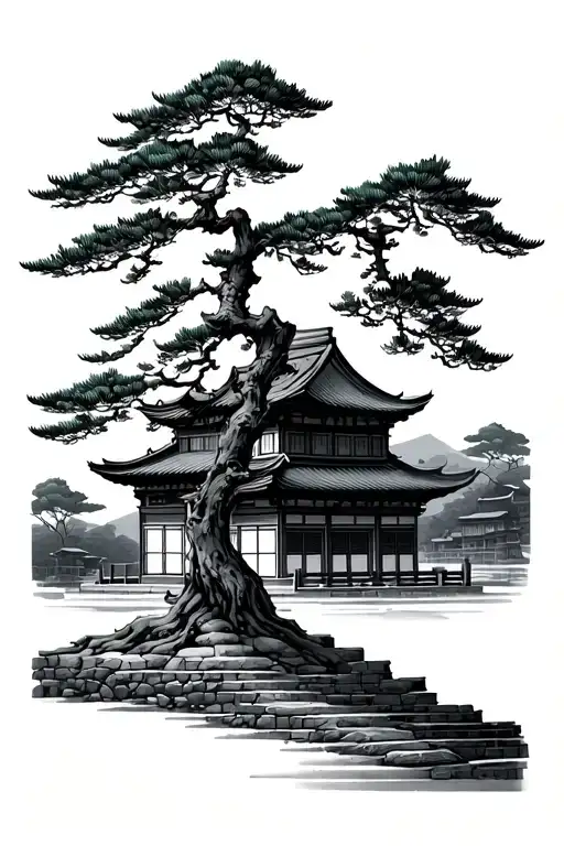 pine tree with Korean hanok traditional house tattoo design idea