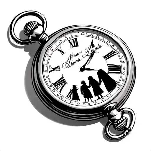 pocket watch   family silhouette  with names Adrian,Layla  tattoo design idea