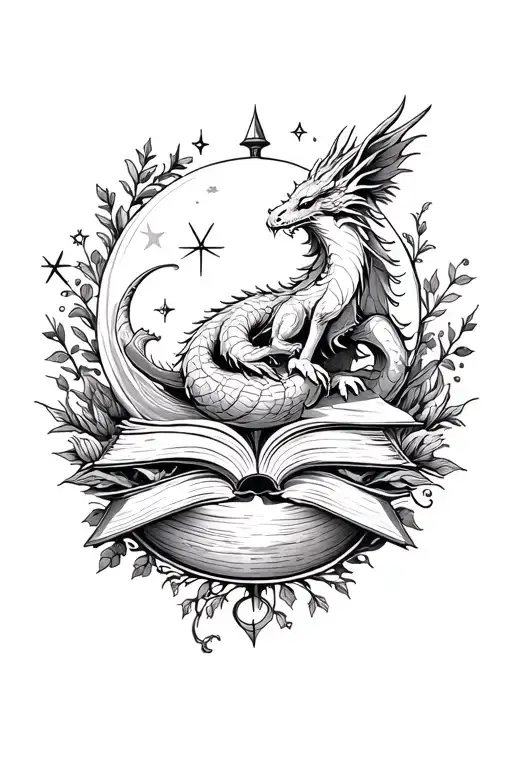 fantasy book upper arm sleeve. Include books, dragons and griffins, a dragon curled up in a sphere, greenery and stars  tattoo design idea