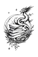 fantasy book upper arm sleeve. Include books, dragons and griffins, a dragon curled up in a sphere, greenery and stars  tattoo design idea