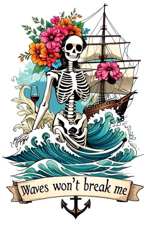 waves, ship, anchor, female skeleton, flowers, wine, "waves won't break me" Mother tattoo design idea