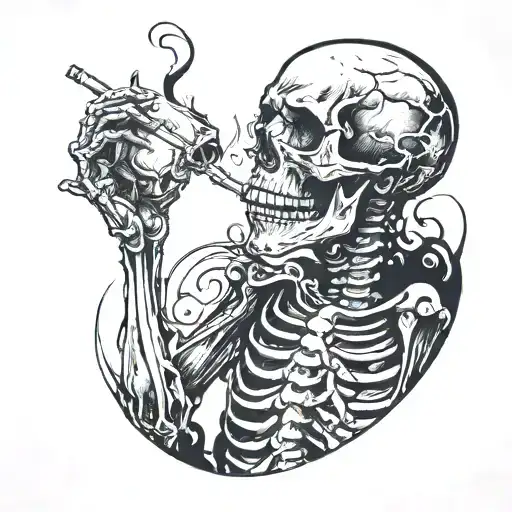 A skeleton smoking a cigarette and a devilish figure behind him whispering something to his ear tattoo design idea