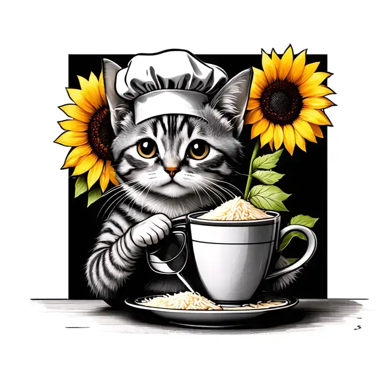 a cute cat wearing chef hat holding sunflower and cooking rice and making coffe tattoo design idea