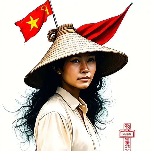 Boatman in a Vietnamese hat with a Vietnamese flag on her hat tattoo design idea