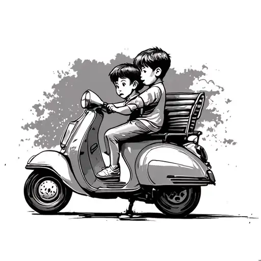 10 year old kid driving a vintage scooter(vespa) with brother in the back, ghibli style tattoo design idea