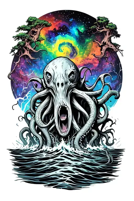 cthulhu rising from the ocean in front of a colorful cosmic background, include rats, screaming trees with skulls embedd tattoo design idea