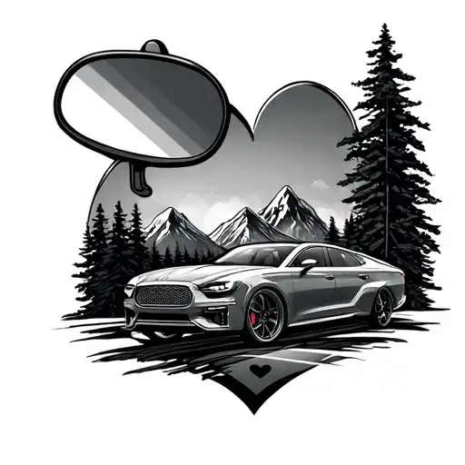 car's mirror with mountain and a heart tattoo design idea