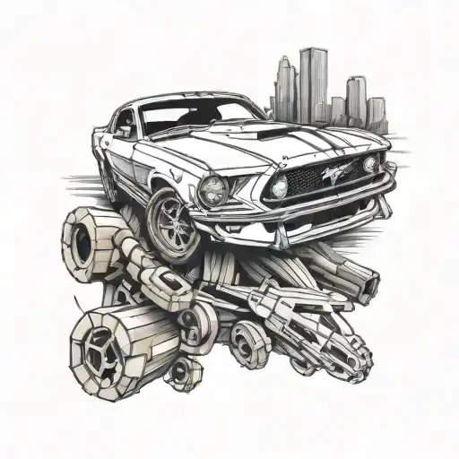 Incorporate a Ford Mustang and a Beretta into a dynamic driving scene tattoo design idea