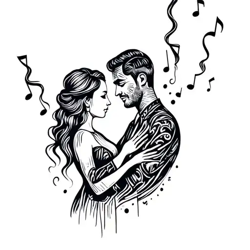 A minimalist design of a silhouette of a couple embracing, with subtle musical notes and cigar smoke swirling around them, representing your interests in sex, music, and cigars tattoo design idea