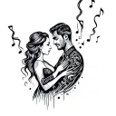 A minimalist design of a silhouette of a couple embracing, with subtle musical notes and cigar smoke swirling around them, representing your interests in sex, music, and cigars tattoo design idea