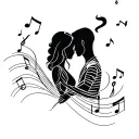 A minimalist design of a silhouette of a couple embracing, with subtle musical notes and cigar smoke swirling around them, representing your interests in sex, music, and cigars tattoo design idea