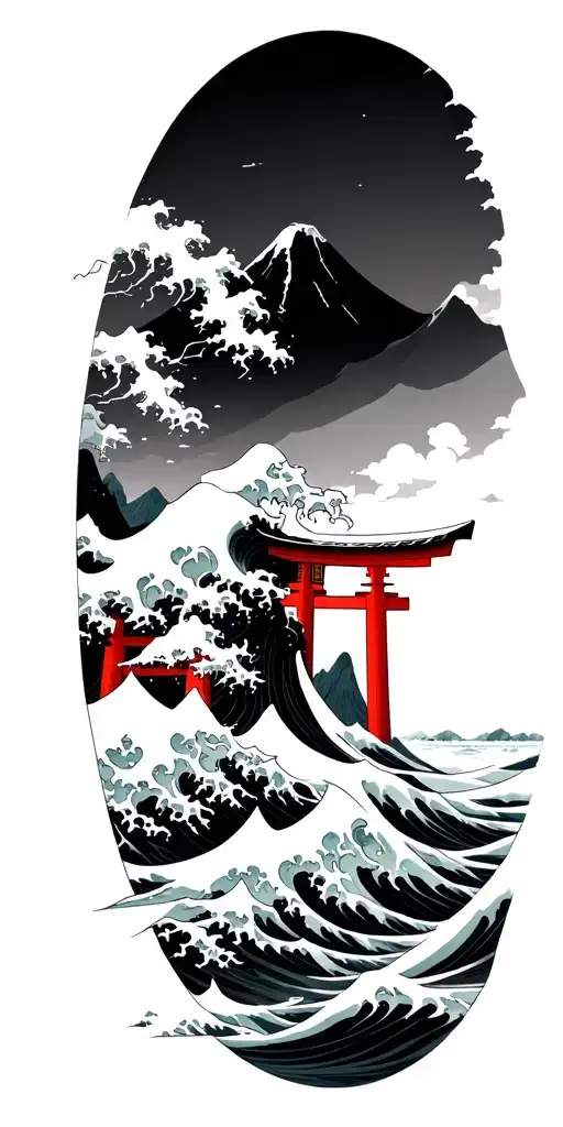 mt fuji torii gate great wave of kanagawa tattoo design idea
