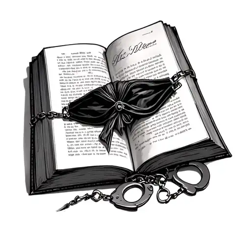 dark romance, handcuffs, blindfold, book open in front tattoo design idea