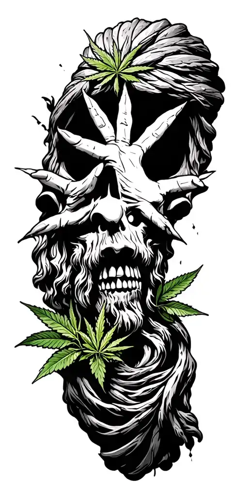 Chicano style illustration of the allegory of Plato's cave finding weed breaking free tattoo design idea