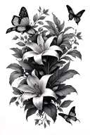 fine line spine tatto with lily flowers vines and butterflys tattoo design idea