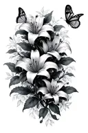 fine line spine tatto with lily flowers vines and butterflys tattoo design idea