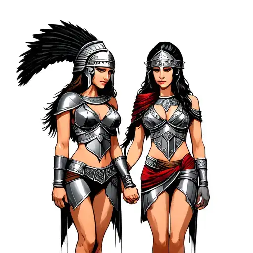 Gladiator and Spartan women holding hands tattoo design idea