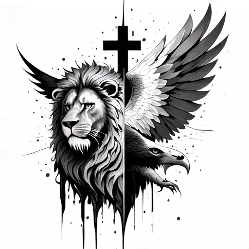 abstract cross with half lion head on one side and half eagle on the other side tattoo design idea