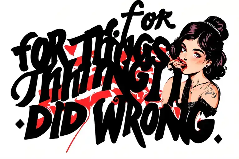 Bold text "for the things I did wrong" with the image of a girl with her hand on her mouth tattoo design idea