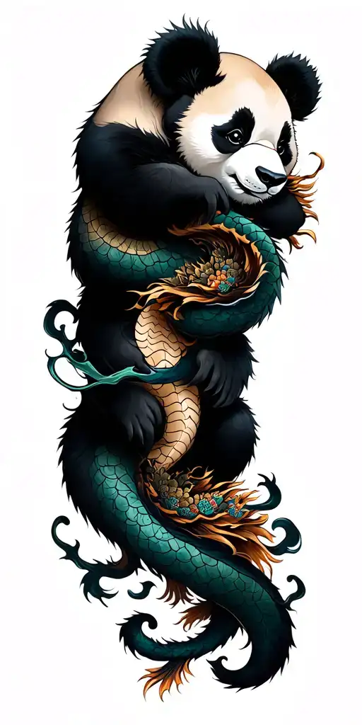 panda relaxing, dragon wrap forearm with head rested on hand, black mist tattoo design idea
