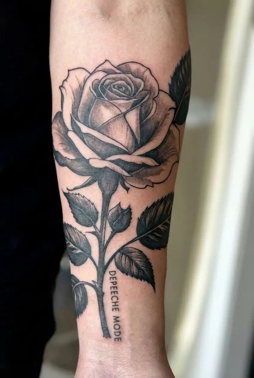 THE ROSE FROM THE VIOLATOR ALBUM BY DEPECHE MODE IN A MINIMAL CONCEPT STYLE. 13 TO 14 CM ON LEFT FOREARM tattoo design idea